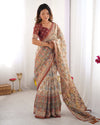 Beige & Maroon Handloom Cotton Saree | Floral Print & Peacock Bird Art Pallu – Buy Online