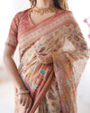 Ivory Handloom Cotton Saree | Maroon Border, Floral Print & Royal Procession Pallu – Buy Online