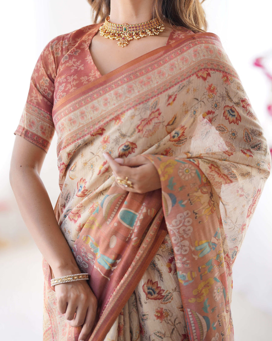 Ivory Handloom Cotton Saree | Maroon Border, Floral Print & Royal Procession Pallu – Buy Online