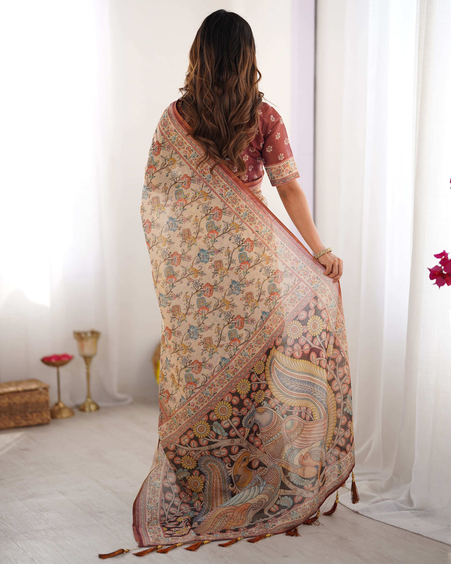 Beige & Maroon Handloom Cotton Saree | Floral Print & Peacock Bird Art Pallu – Buy Online