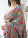 Ivory Handloom Cotton Saree | Maroon Border, Floral Print & Royal Procession Pallu – Buy Online