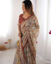 Beige & Maroon Handloom Cotton Saree | Floral Print & Peacock Bird Art Pallu – Buy Online