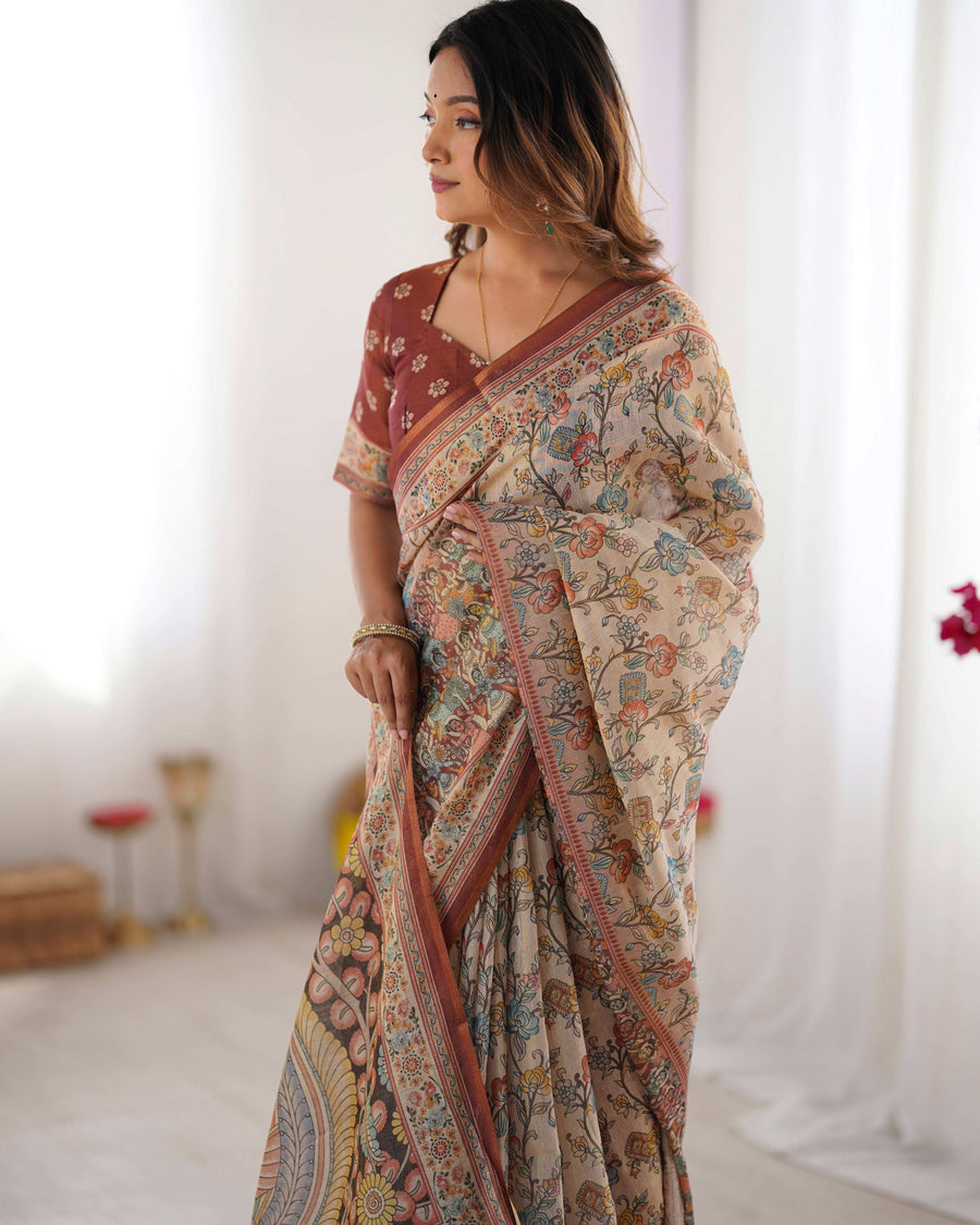 Beige & Maroon Handloom Cotton Saree | Floral Print & Peacock Bird Art Pallu – Buy Online