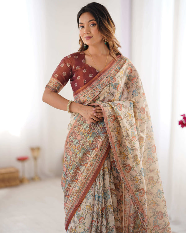 Beige & Maroon Handloom Cotton Saree | Floral Print & Peacock Bird Art Pallu – Buy Online