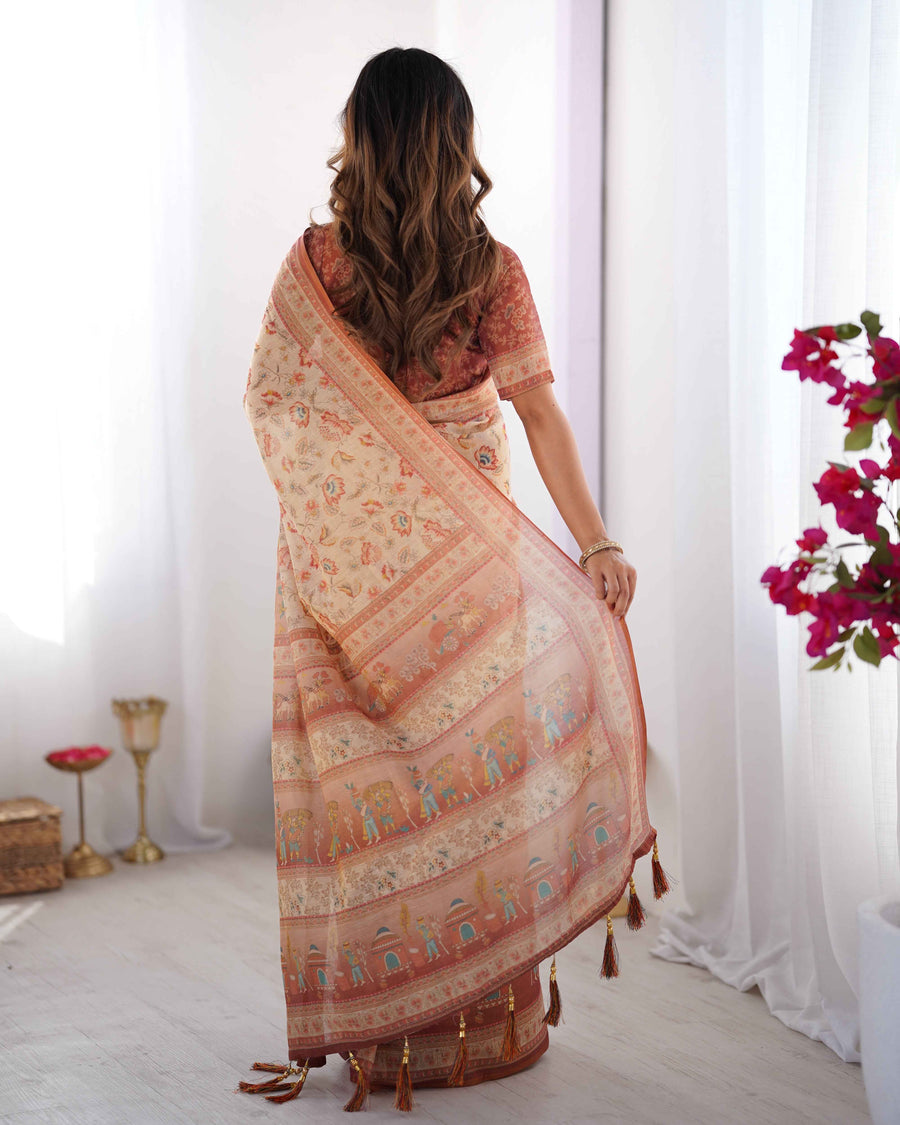 Ivory Handloom Cotton Saree with Maroon Borders, Floral Print & Royal Procession Pallu