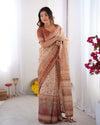 Ivory Handloom Cotton Saree | Maroon Border, Floral Print & Royal Procession Pallu – Buy Online