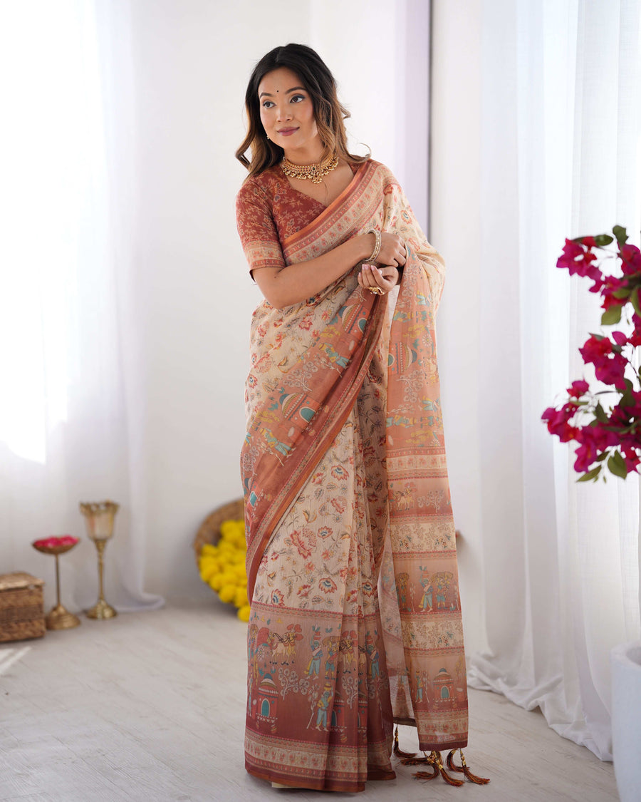 Ivory Handloom Cotton Saree | Maroon Border, Floral Print & Royal Procession Pallu – Buy Online