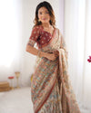 Beige & Maroon Handloom Cotton Saree | Floral Print & Peacock Bird Art Pallu – Buy Online