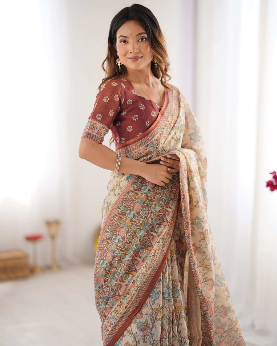 Beige & Maroon Handloom Cotton Saree | Floral Print & Peacock Bird Art Pallu – Buy Online