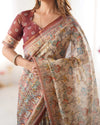 Beige & Maroon Handloom Cotton Saree | Floral Print & Peacock Bird Art Pallu – Buy Online