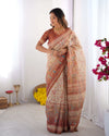 Ivory Handloom Cotton Saree | Maroon Border, Floral Print & Royal Procession Pallu – Buy Online
