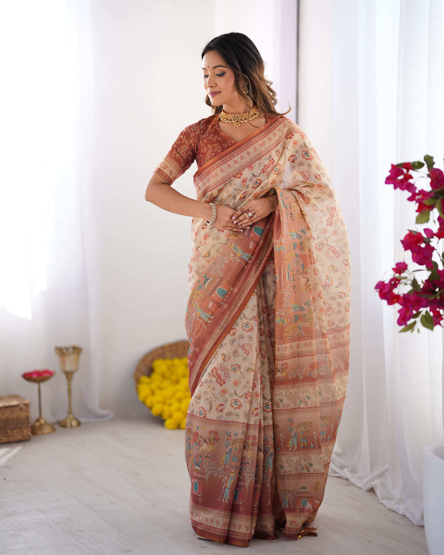Ivory Handloom Cotton Saree | Maroon Border, Floral Print & Royal Procession Pallu – Buy Online