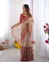Beige Handloom Cotton Saree | Pomegranate Floral Print, Maroon Blouse & Village Tale Pallu – Buy Online
