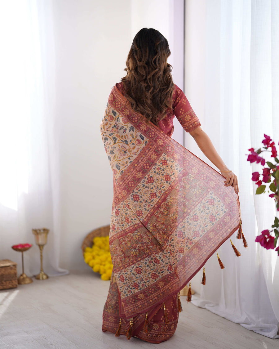 Beige Handloom Cotton Saree | Pomegranate Floral Print, Maroon Blouse & Village Tale Pallu – Buy Online
