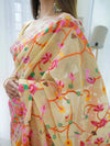 Beige Handloom Cotton Saree | Pomegranate Floral Print, Maroon Blouse & Village Tale Pallu – Buy Online