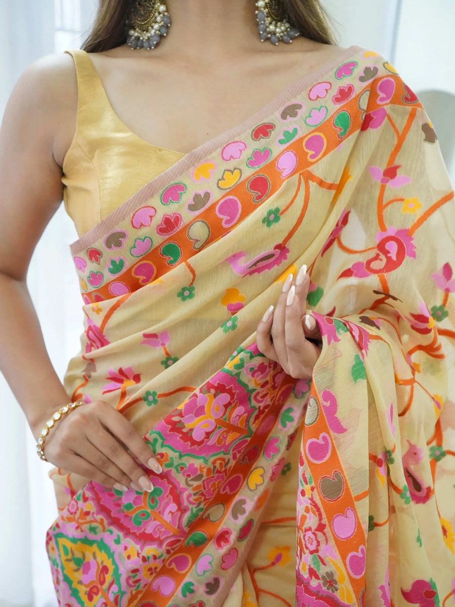 Ivory & Teal Handloom Cotton Saree | Mandala Buti, Peacock Pallu & Contrast Blouse – Buy Online