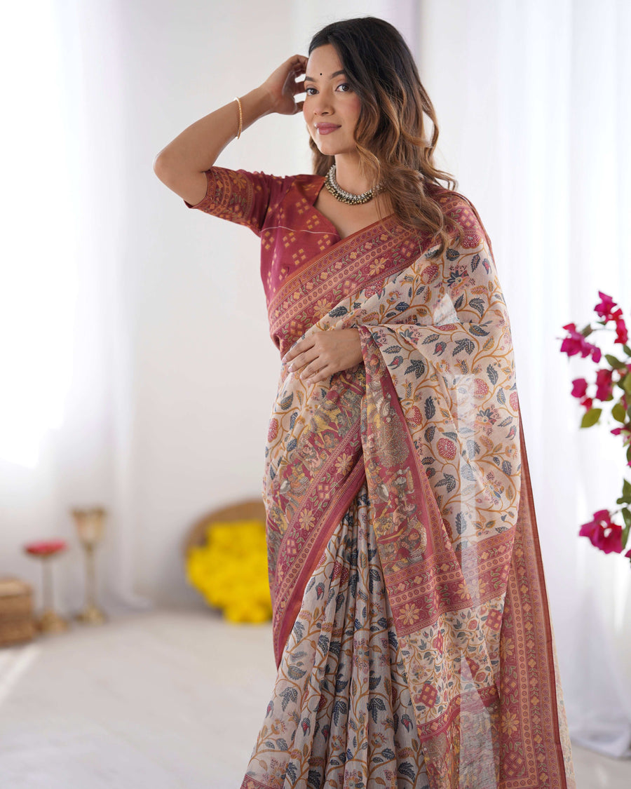 Beige Handloom Cotton Saree | Pomegranate Floral Print, Maroon Blouse & Village Tale Pallu – Buy Online