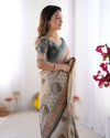 Ivory & Teal Handloom Cotton Saree | Mandala Buti, Peacock Pallu & Contrast Blouse – Buy Online