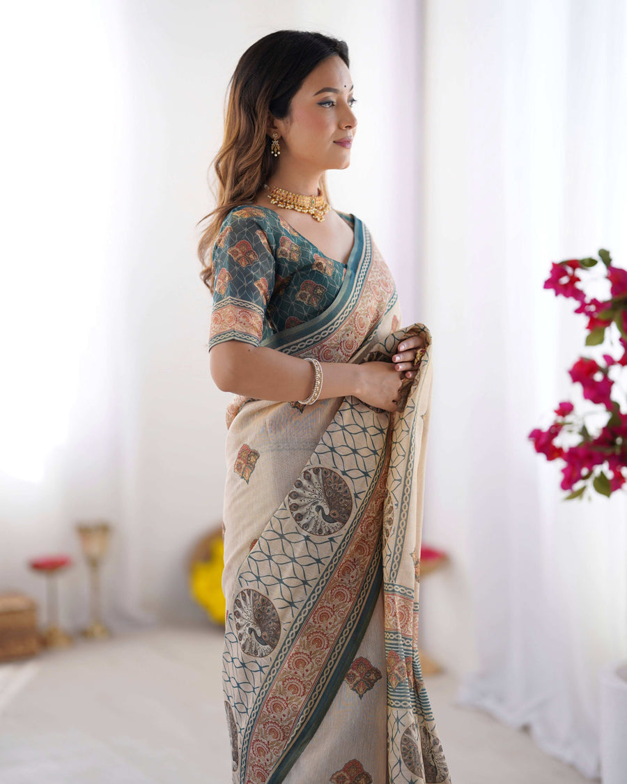 Ivory & Teal Handloom Cotton Saree | Mandala Buti, Peacock Pallu & Contrast Blouse – Buy Online