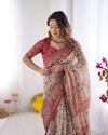 Beige Handloom Cotton Saree | Pomegranate Floral Print, Maroon Blouse & Village Tale Pallu – Buy Online