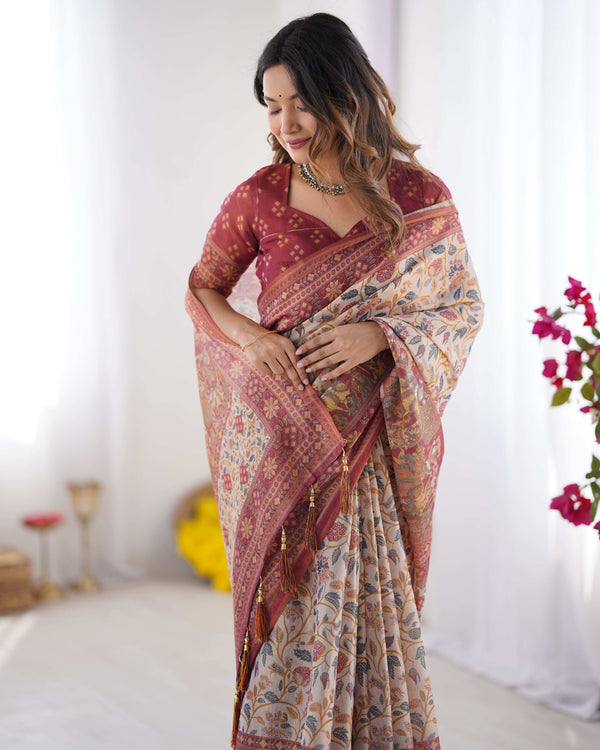 Beige Handloom Cotton Saree | Pomegranate Floral Print, Maroon Blouse & Village Tale Pallu – Buy Online
