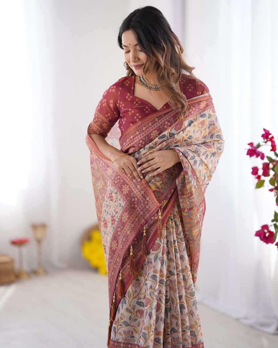 Beige Handloom Cotton Saree | Pomegranate Floral Print, Maroon Blouse & Village Tale Pallu – Buy Online
