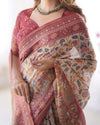 Beige Handloom Cotton Saree | Pomegranate Floral Print, Maroon Blouse & Village Tale Pallu – Buy Online