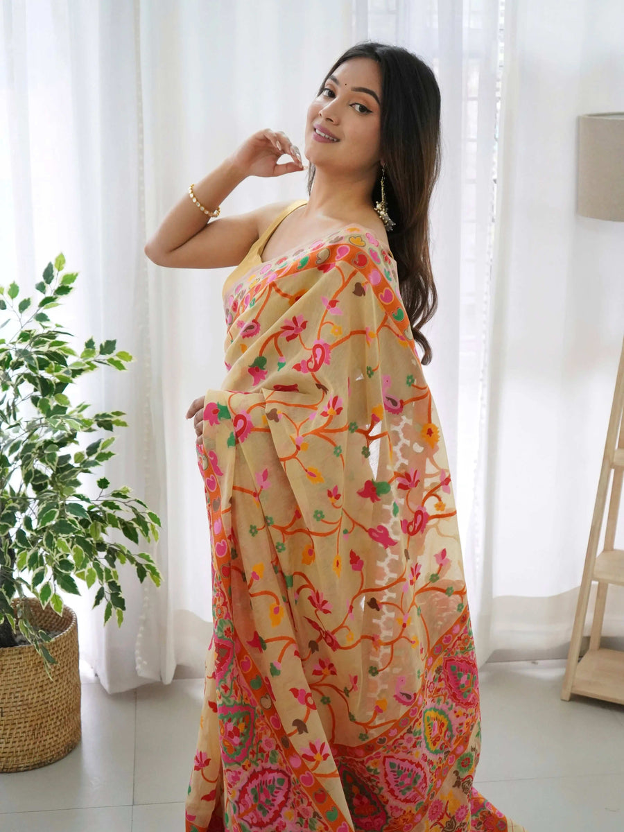 Rust Maroon Handloom Cotton Saree | Floral Jaal & Multicolor Mandala Pallu – Buy Online