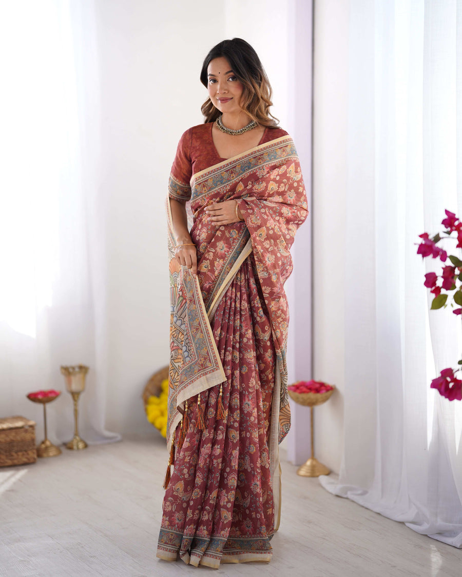 Rust Maroon Handloom Cotton Saree | Floral Jaal & Multicolor Mandala Pallu – Buy Online