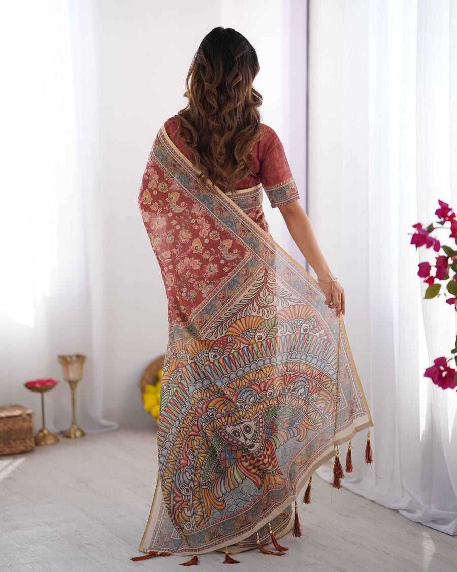 Rust Maroon Handloom Cotton Saree with Floral Jaal & Multicolor Mandala Pallu Art
