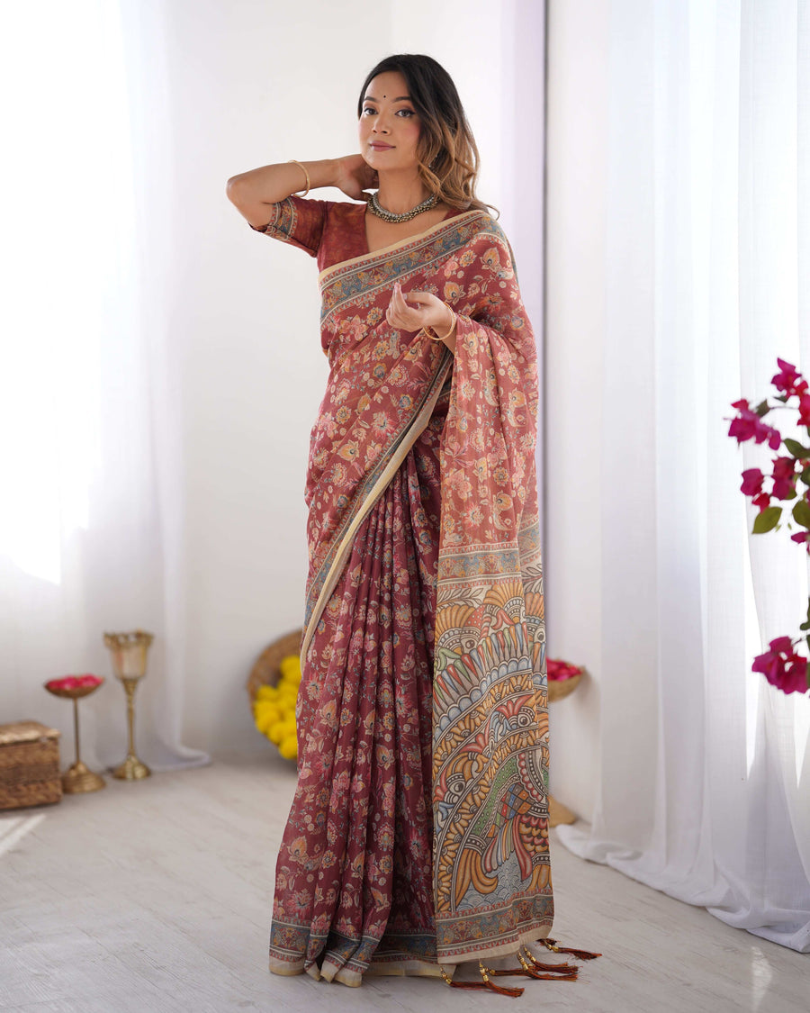 Rust Maroon Handloom Cotton Saree | Floral Jaal & Multicolor Mandala Pallu – Buy Online