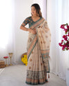 Ivory & Teal Handloom Cotton Saree | Mandala Buti, Peacock Pallu & Contrast Blouse – Buy Online