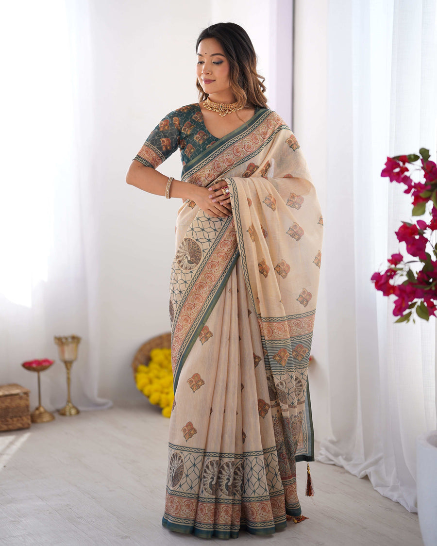 Ivory & Teal Handloom Cotton Saree | Mandala Buti, Peacock Pallu & Contrast Blouse – Buy Online