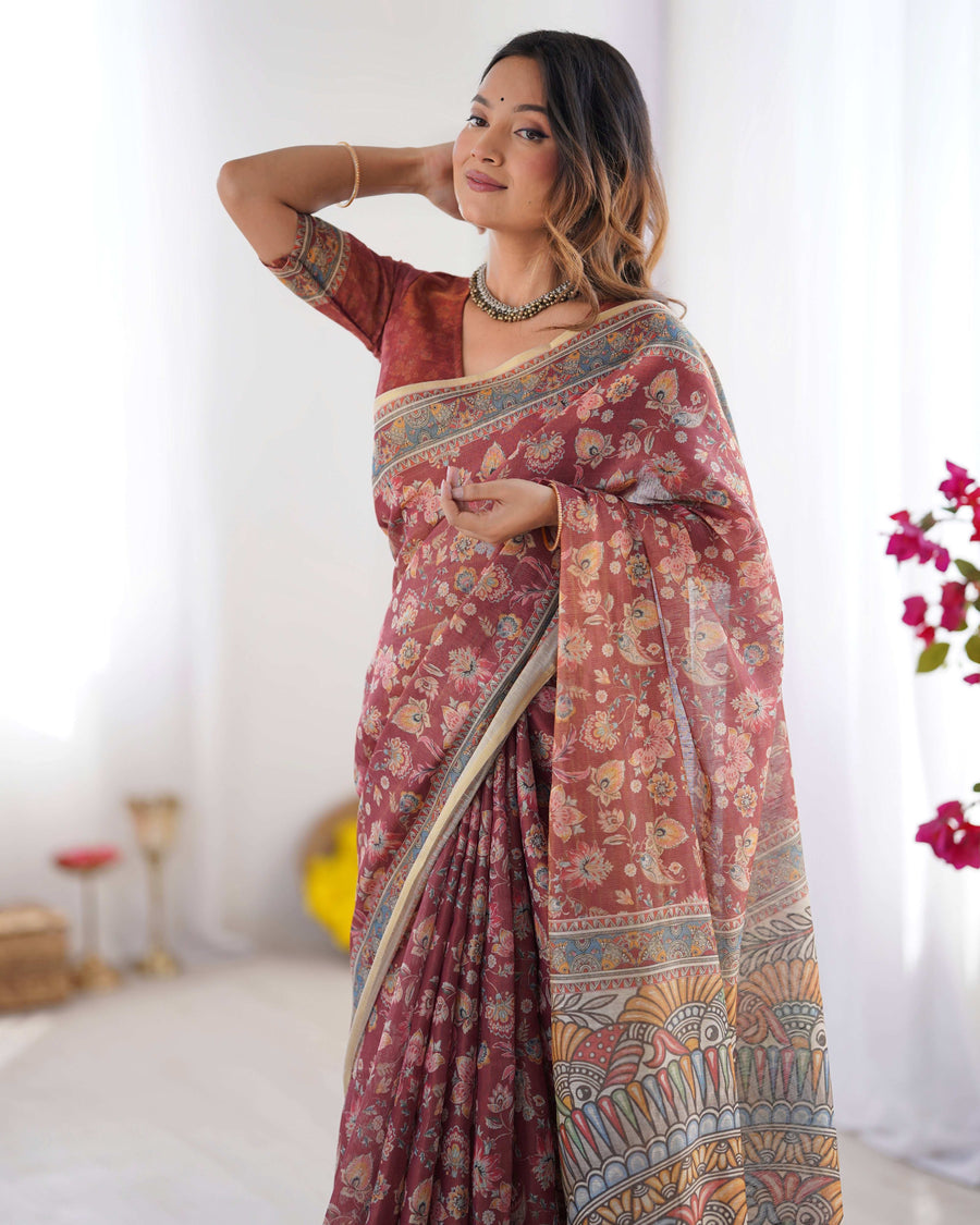 Rust Maroon Handloom Cotton Saree | Floral Jaal & Multicolor Mandala Pallu – Buy Online