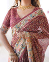 Maroon Handloom Cotton Saree | Floral Print & Royal Procession Pallu – Buy Online