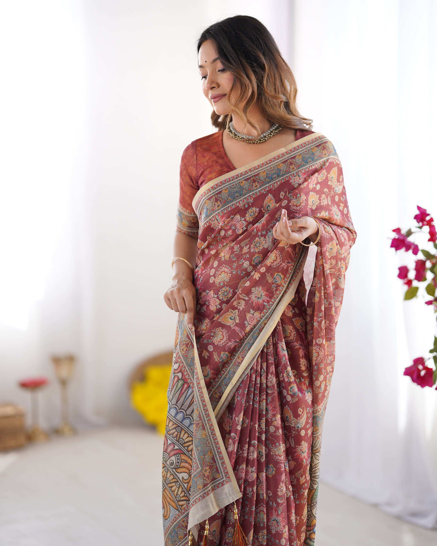 Rust Maroon Handloom Cotton Saree | Floral Jaal & Multicolor Mandala Pallu – Buy Online