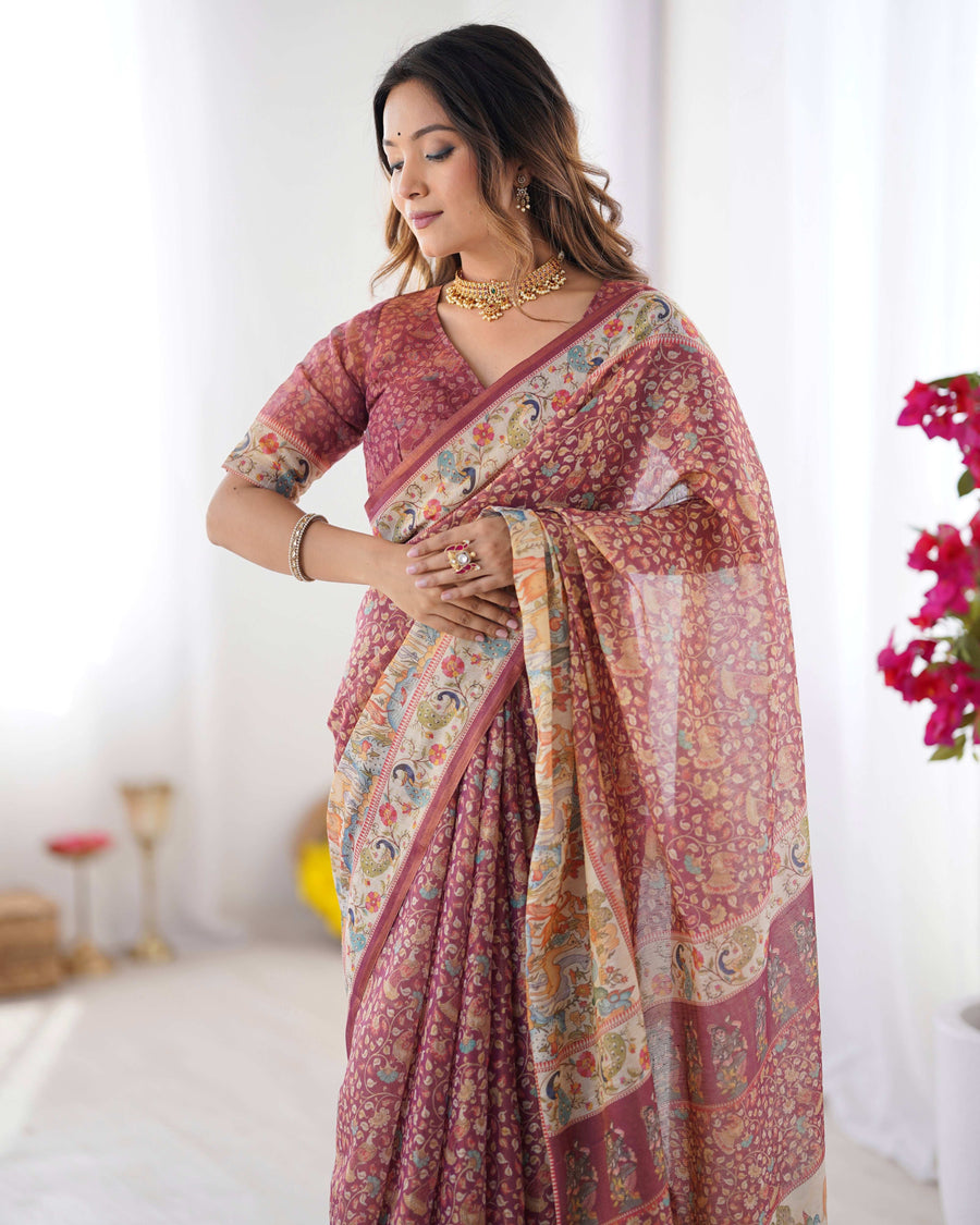 Maroon Handloom Cotton Saree | Floral Print & Royal Procession Pallu – Buy Online