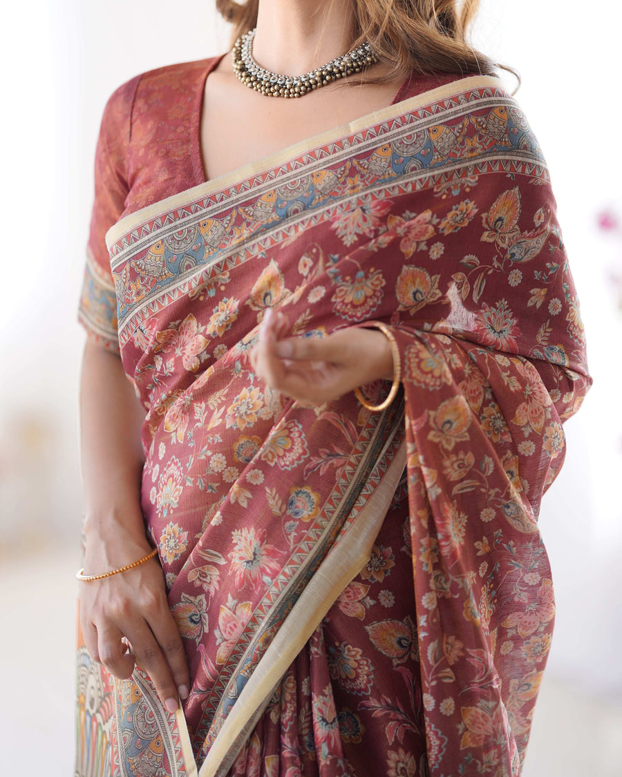 Rust Maroon Handloom Cotton Saree | Floral Jaal & Multicolor Mandala Pallu – Buy Online