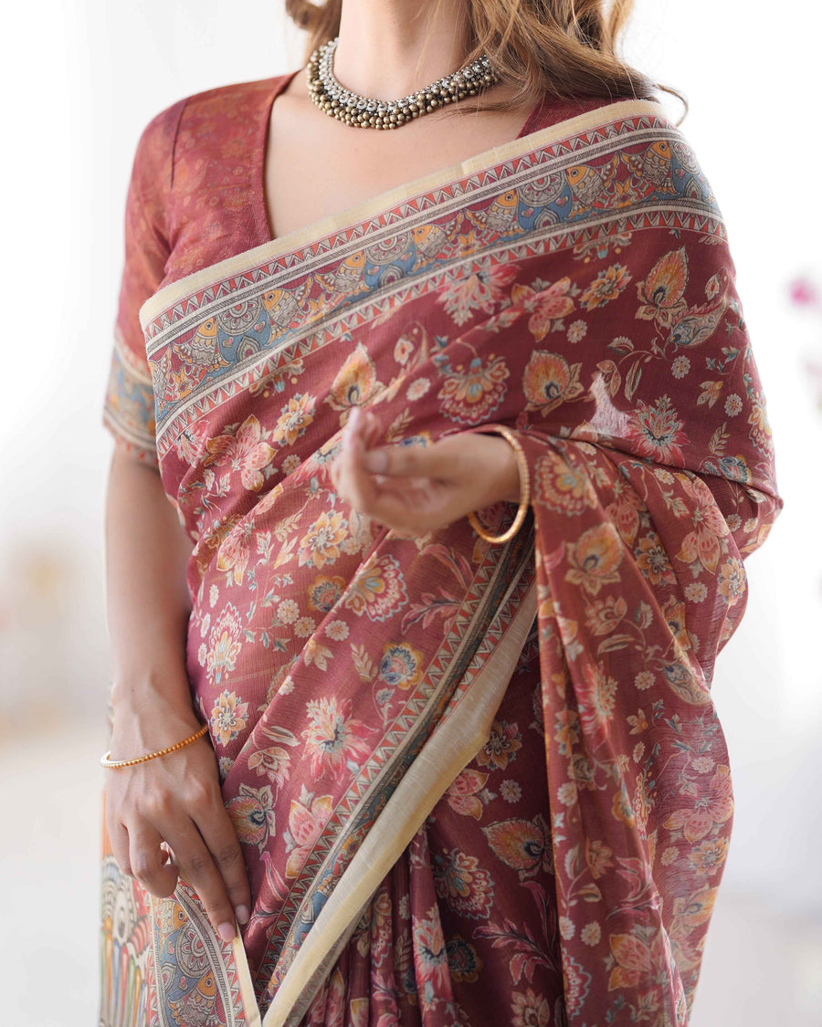 Rust Maroon Handloom Cotton Saree with Floral Jaal & Multicolor Mandala Pallu Art