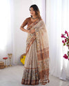 Beige & Brown Pure Linen Cotton Handloom Saree with Animal Motifs and Floral Prints