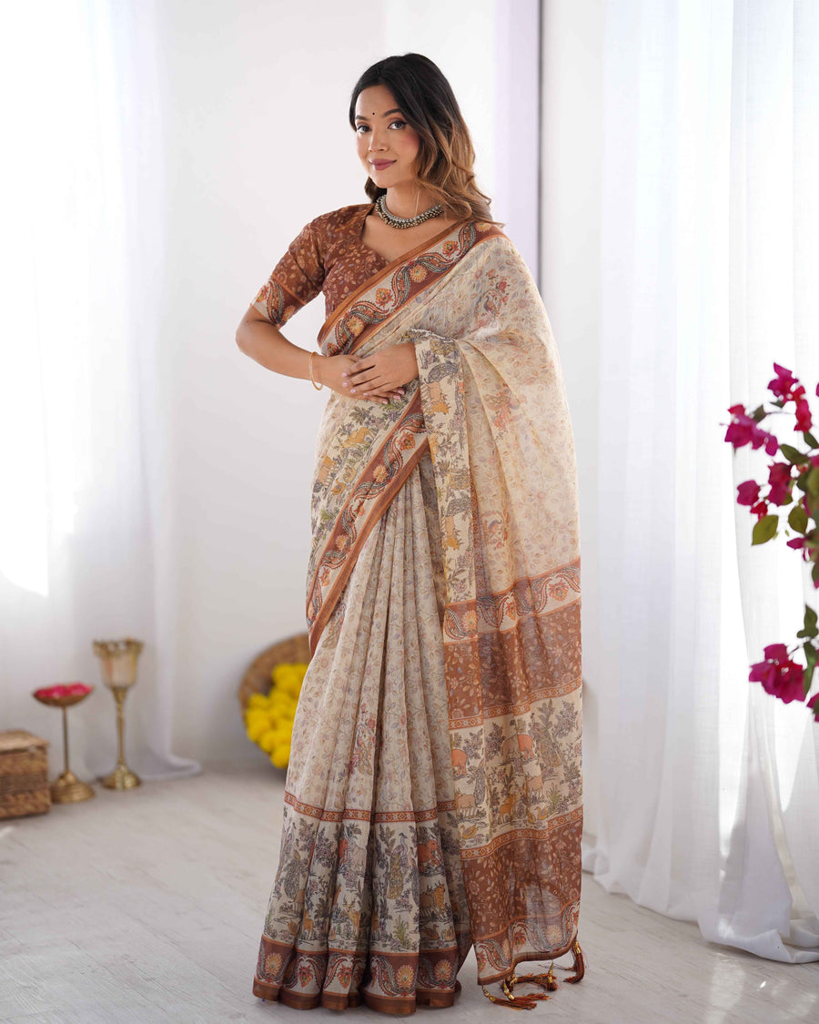 Beige & Brown Pure Linen Cotton Handloom Saree with Animal Motifs and Floral Prints