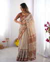 Beige & Brown Pure Linen Cotton Handloom Saree with Animal Motifs and Floral Prints