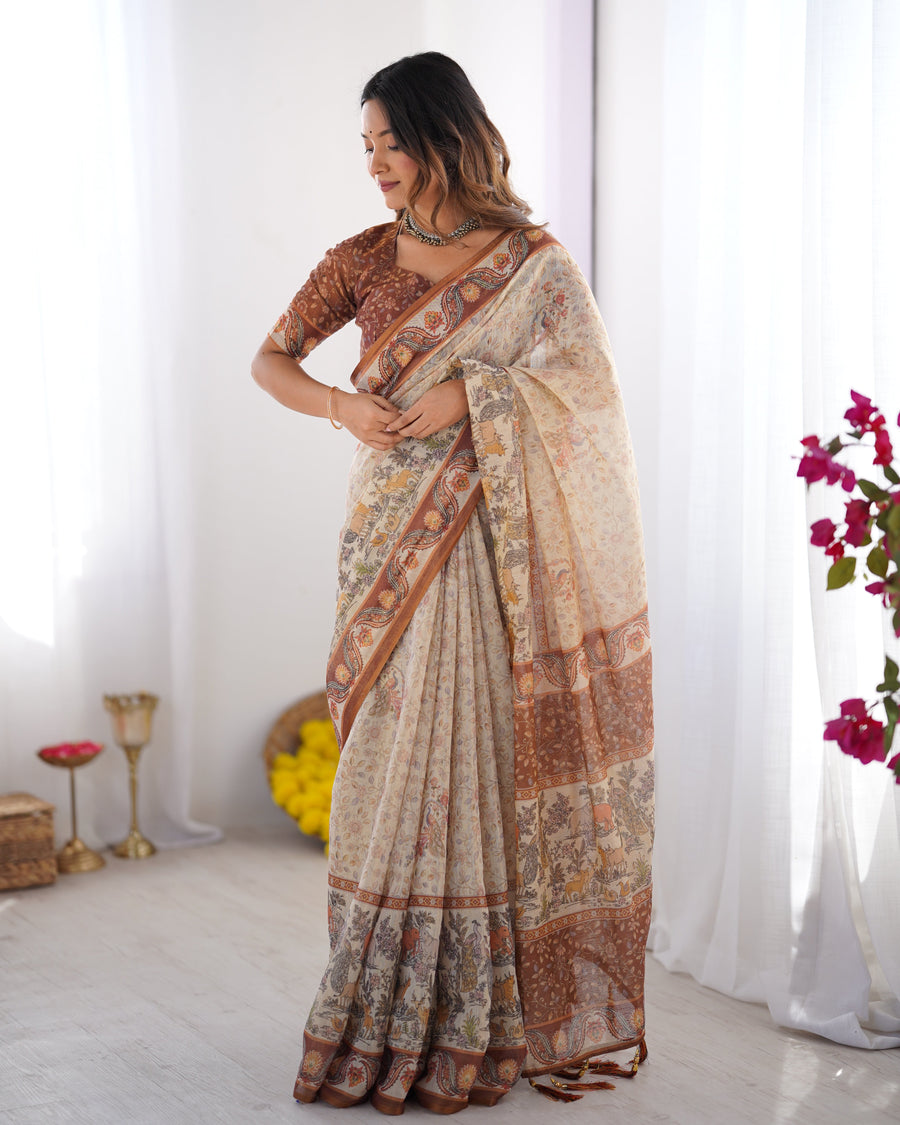 Beige & Brown Pure Linen Cotton Handloom Saree with Animal Motifs and Floral Prints