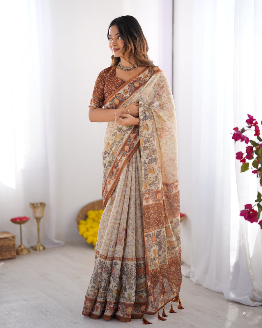 Beige & Brown Pure Linen Cotton Handloom Saree with Animal Motifs and Floral Prints