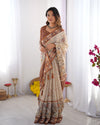 Beige & Brown Pure Linen Cotton Handloom Saree with Animal Motifs and Floral Prints