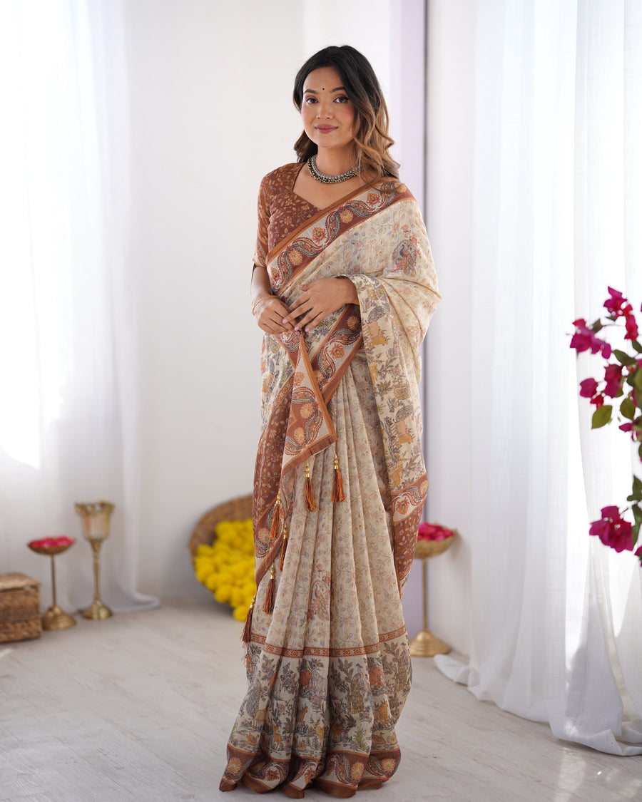 Beige & Brown Pure Linen Cotton Handloom Saree with Animal Motifs and Floral Prints