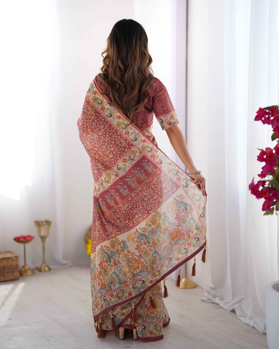 Maroon Handloom Cotton Saree with All-Over Floral Print & Multicolor Royal Procession Pallu
