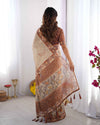 Beige & Brown Pure Linen Cotton Handloom Saree with Animal Motifs and Floral Prints