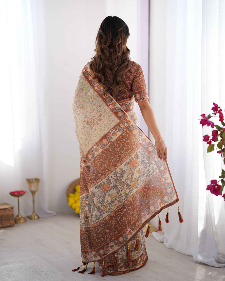 Beige & Brown Pure Linen Cotton Handloom Saree with Animal Motifs and Floral Prints