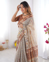 Beige & Brown Pure Linen Cotton Handloom Saree with Animal Motifs and Floral Prints